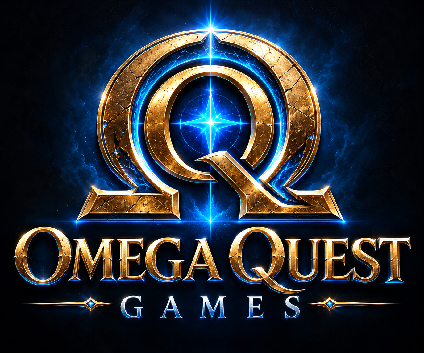 Omega Quest Games gold and blue Omega-Q emblem
